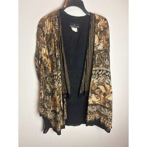 Carole Little Vintage Paisley Print Brown Black Cover Up Cardigan Top Large